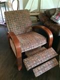 Reclining chair, contemporary print fabric, wood arms
