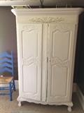 White painted antique Armoire 78"H x 49"W x 25"D, blue painted ladder back chair