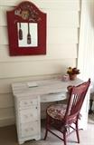 Vintage painted desk, chair, red mirror