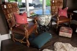 Old Hickory Tannery velvet upholstered high back chairs with leather seats. Large Asian Jardenaire with glass top and curved wood base. Small ottomans, sheepskin rug