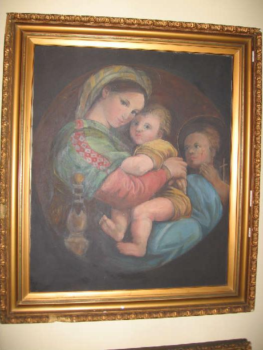 "Madonna in Chair" Large oil on canvas over 100 years old
