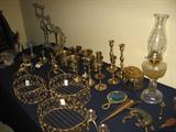 Brass candlesticks, baskets, bird figurines, etc.