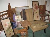 Doll cradle, doll highchair, retro chair, 1940's highchair, oriental prints, & oil on canvas