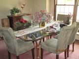 Brass and glass dining room table with 6 chairs