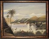 Large original oil painting of an Asian bay scene with palm trees and mountains. 38" x 48"