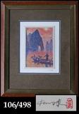 Asian print of man in boat with birds. Framed, signed and numbered.