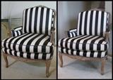  upholstered designer side chairs with carved wood frames