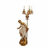 Large Mid-Century French Reproduction Post Lamp Featuring a Female Painter Figure in Cast Metal and Gold and White Paint 