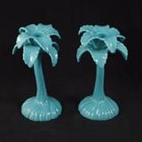 Set of 2 Fitz and Floyd Teal Ceramic Palm Tree Candlesticks
