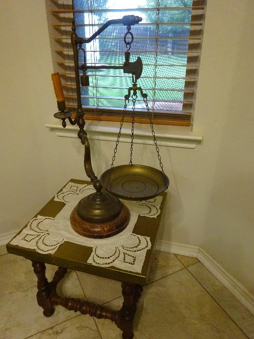 antique table and antique scale