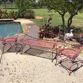 Wrought iron bench and arm chairs