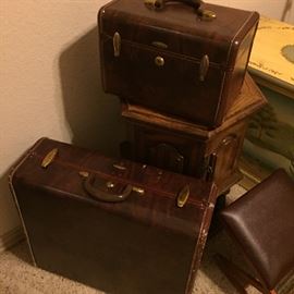 Vintage leather train case and suitcase