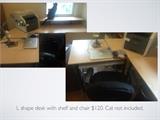 L shape office desk with riser shelf. Cat not included.