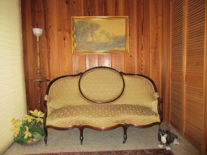 Antique sofa, torchiere lamp, vintage print, Karastan panel Kirman rug, vintage pedistal table, florals