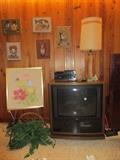 1970's embroidery artwork,  tv, dvd-video cassette player, sterio (no speakers), lamp is HUGE!