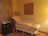 Vintage wicker chaise, c. 1970 embroidered art, vintage floor lamp