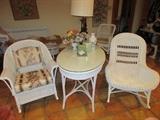 Vintage wicker rockers, large oval wicker table with glass top