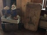 19th century large oblong wooden trencher, chest, and more.