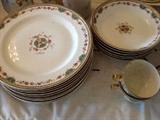 Haviland Limogues (Juno): serving platter, 9 dinner plates, 10 salad plates, 6 bowls, 10 bread plates, 4 cups, 5 saucers, 4 dessert bowls, 10 smaller bowls