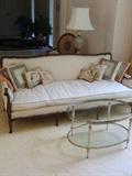 Designer Sofa with down single cushion, glass topped coffee table, needlepoint pillows