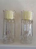 Matching set of venetian glass candle holders with hanging crystals