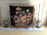 Fireplace screen - needlepoint; porcelain urns