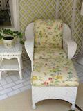 Wicker chaise with custom cushions and side table
