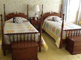 Twin 4-poster beds (frame and mattresses/box springs), matching chests and dresser