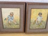 Genevieve Reckling (US 20th C.); Oil on board; pair; 10" x 8" - "Little Children in Fields with Birds"; signed lower left; framed
