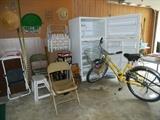 Folding chairs, stools, bicycle with basket, like new top freezer refrigerator