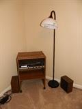 Standing lamp, small cabinet and speakers