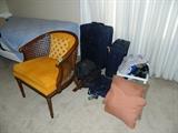 Vintage chair, suitcases, pillows, miscellaneous