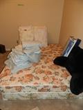 Full size mattress & box springs, reclining pillow, bedding - no headboard or rails/frame