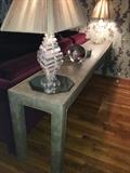 Custom gray leather long console table w/studded detail....LAMPS NOT FOR SALE