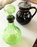 English Tea Pot with Pewter Lid, circa 1906 & Antique Green Decanter
