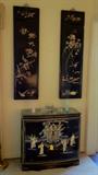 Antique Asian Lacquered Chest with Mother of Pearl and Semi Precious inlays and two of the fabulous panels, circa 1950's