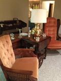 Mid Century Cane and Wood Chairs with Velvet Upholstery in Amazing Condition!