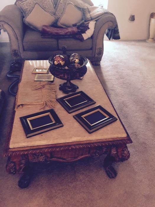 faux marble set of coffee and end tables, matching sofa table and mirror! very nice and ornate 