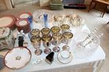 Silverplate goblets, Waterford china, crystal