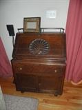 Antique mahogany small drop front desk w/carved shell motif