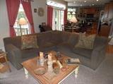 FR chenille sectional, 3 pieces; distressed country style large coffee table, floor lamps