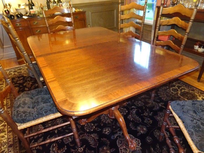 Beautiful Double Pedestal Dining Table with 6 Ladderback Rush Seat Chairs