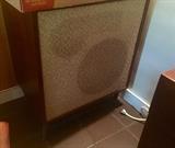 Stereo speakers in wood casing