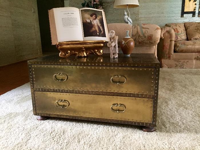 Sarried brass clad table with drawers- c1970