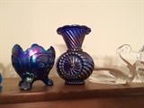 Blue Carnival Glass by Imperial and Glass Swan by Viking Glass