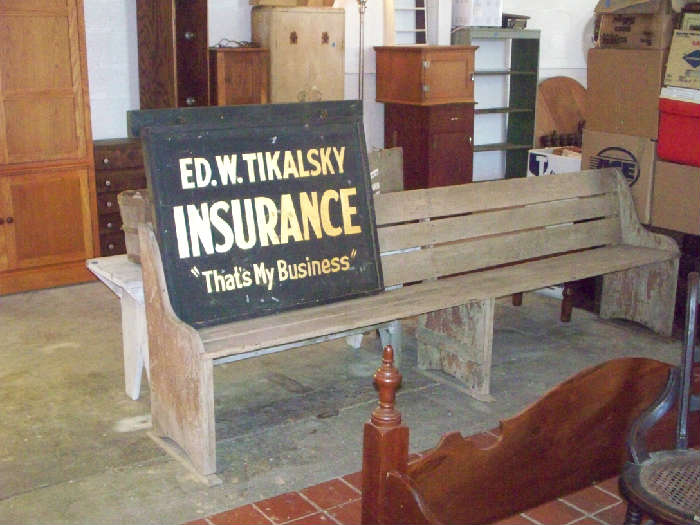 Wooden benches and signs