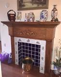Antique Oak Mantel with inlaid cobalt and Delft tiles