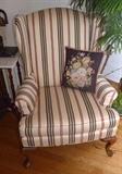Lovely Queen Anne Style Wingback Chair with Striped Upholstery (Like New)