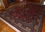 Large 100% Wool Hand-Woven Mori Tabriz Area Rug with Red/Wine Background & Animal Figures (Approx. 12' x 9')