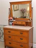 Antique Oak Marble Top Chest of Drawers with Mirror